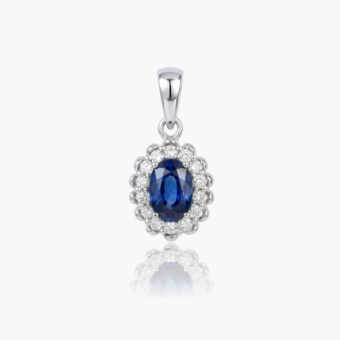 0.55ct Natural Blue Sapphire and Diamond Halo Pendant in 14K White Gold - JewelryAndStore
