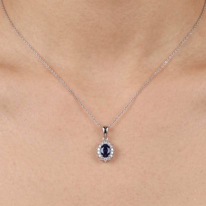 0.55ct Natural Blue Sapphire and Diamond Halo Pendant in 14K White Gold - JewelryAndStore