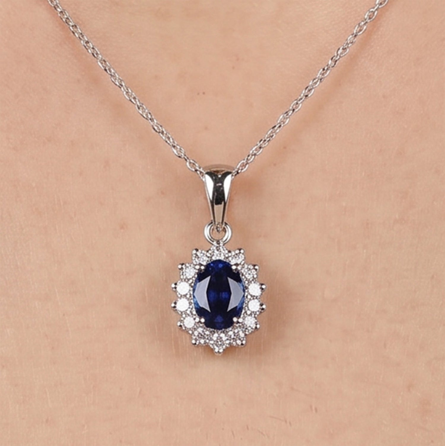 0.55ct Natural Blue Sapphire and Diamond Halo Pendant in 14K White Gold - JewelryAndStore