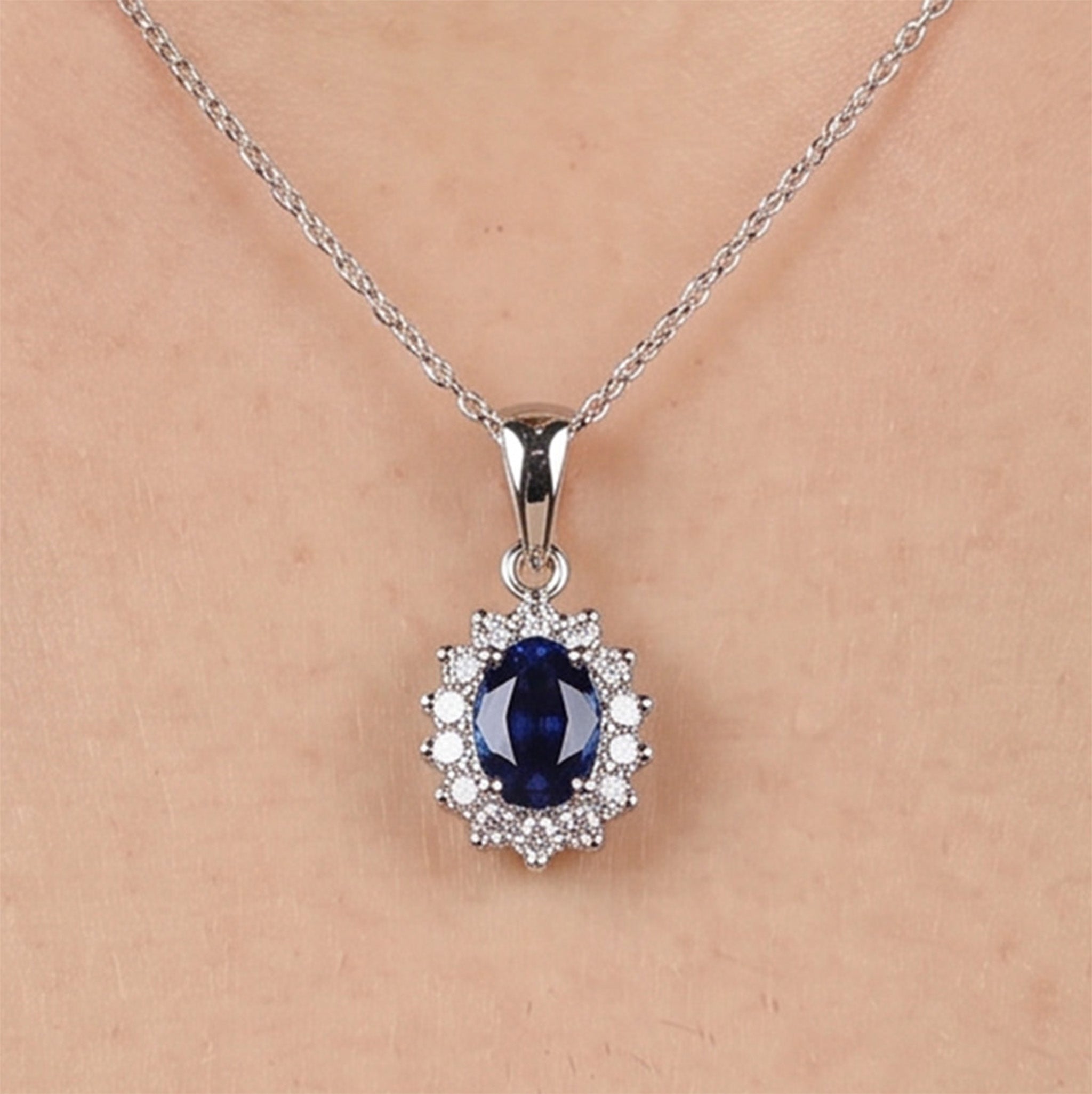 0.55ct Natural Blue Sapphire and Diamond Halo Pendant in 14K White Gold - JewelryAndStore