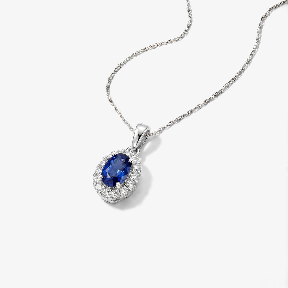 0.91ct Natural Blue Sapphire and Diamond Halo Pendant in 14K White Gold - JewelryAndStore