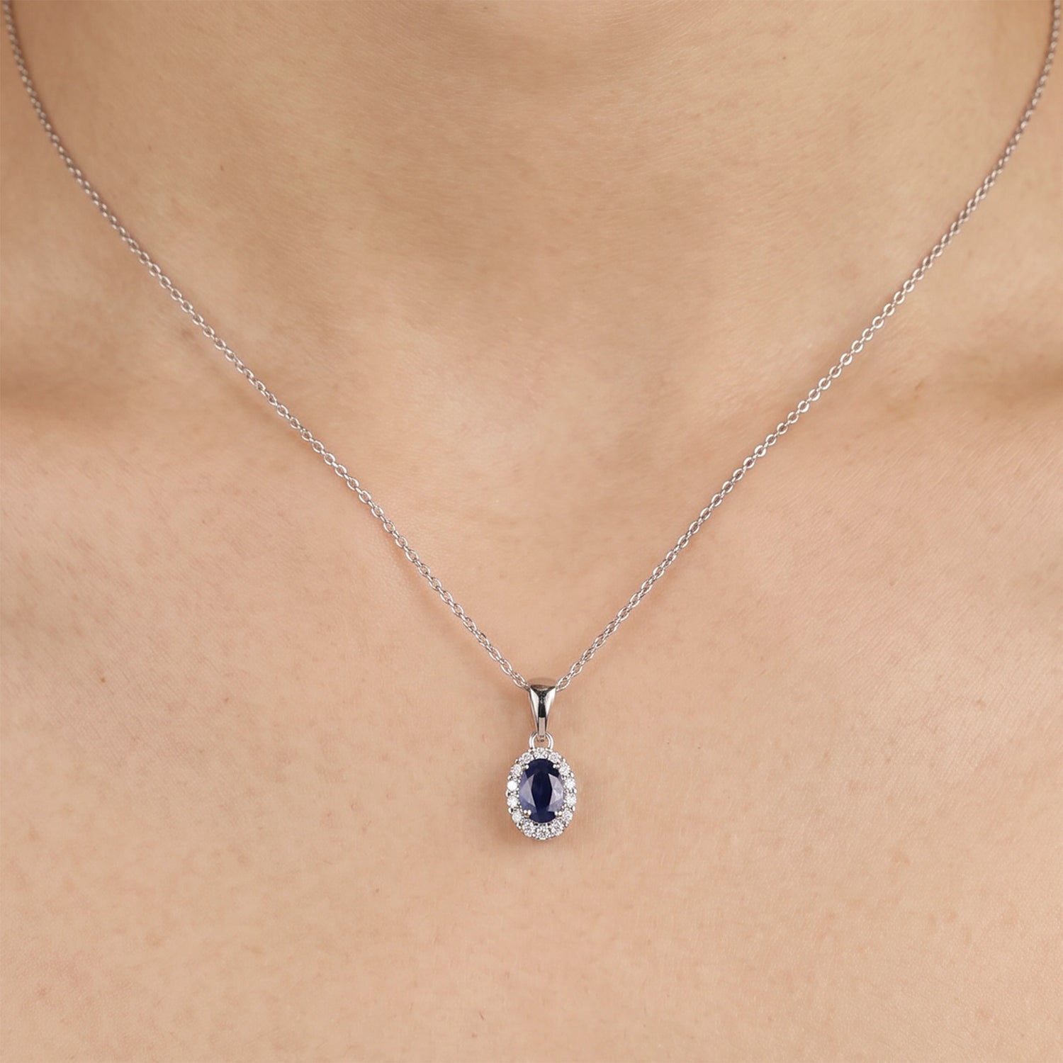 0.91ct Natural Blue Sapphire and Diamond Halo Pendant in 14K White Gold - JewelryAndStore