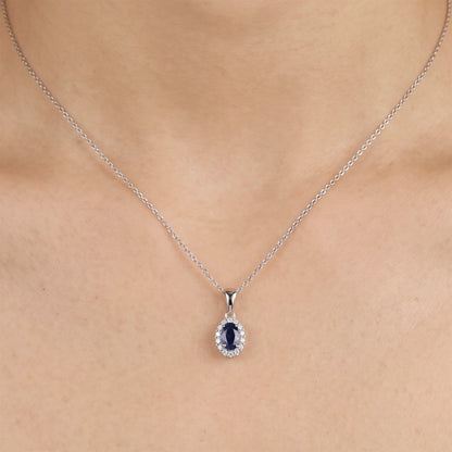 0.91ct Natural Blue Sapphire and Diamond Halo Pendant in 14K White Gold - JewelryAndStore