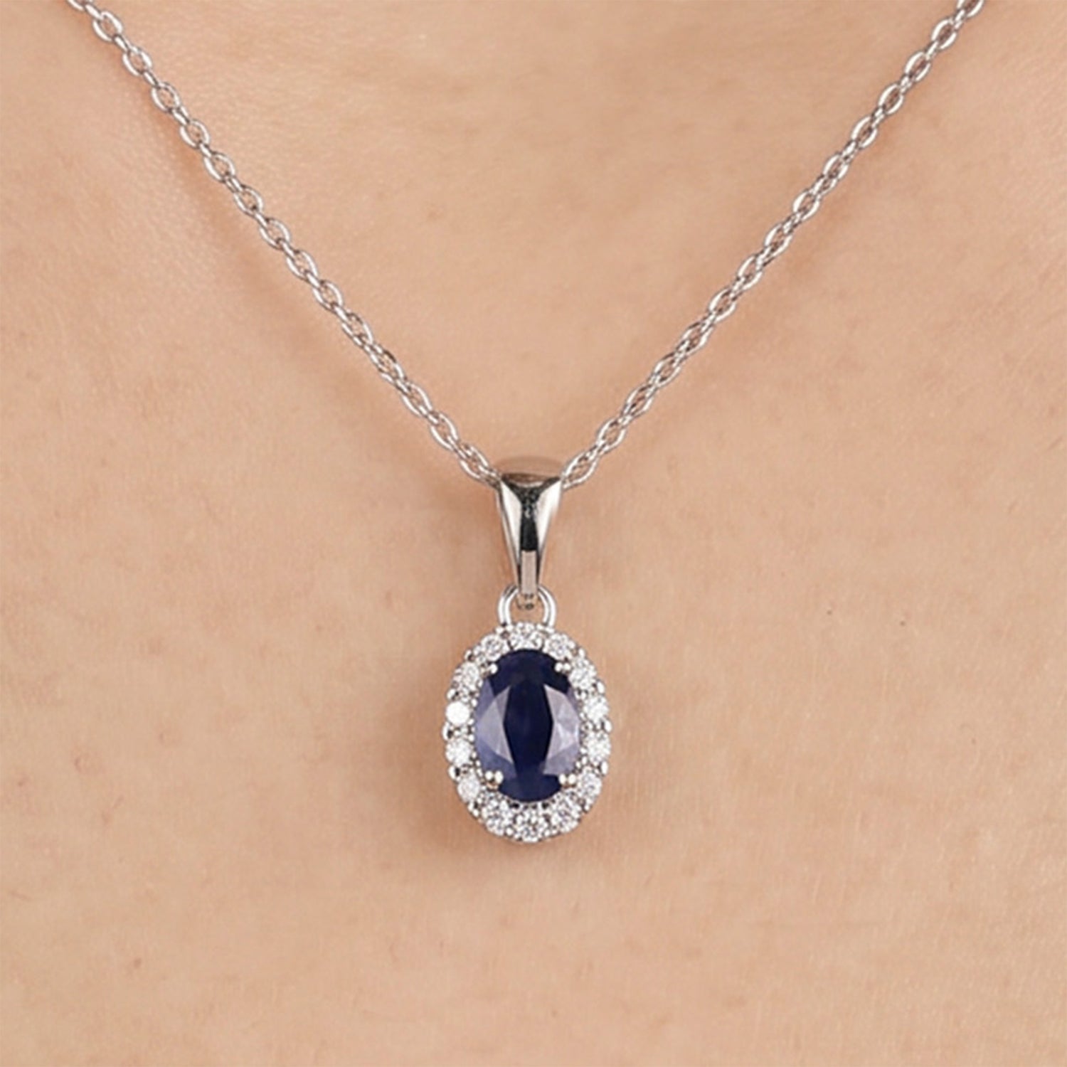 0.91ct Natural Blue Sapphire and Diamond Halo Pendant in 14K White Gold - JewelryAndStore