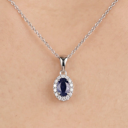0.91ct Natural Blue Sapphire and Diamond Halo Pendant in 14K White Gold - JewelryAndStore