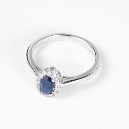 0.40ct. Natural Blue Sapphire Scalloped Diamond Halo Ring in 14K White Gold - JewelryAndStore