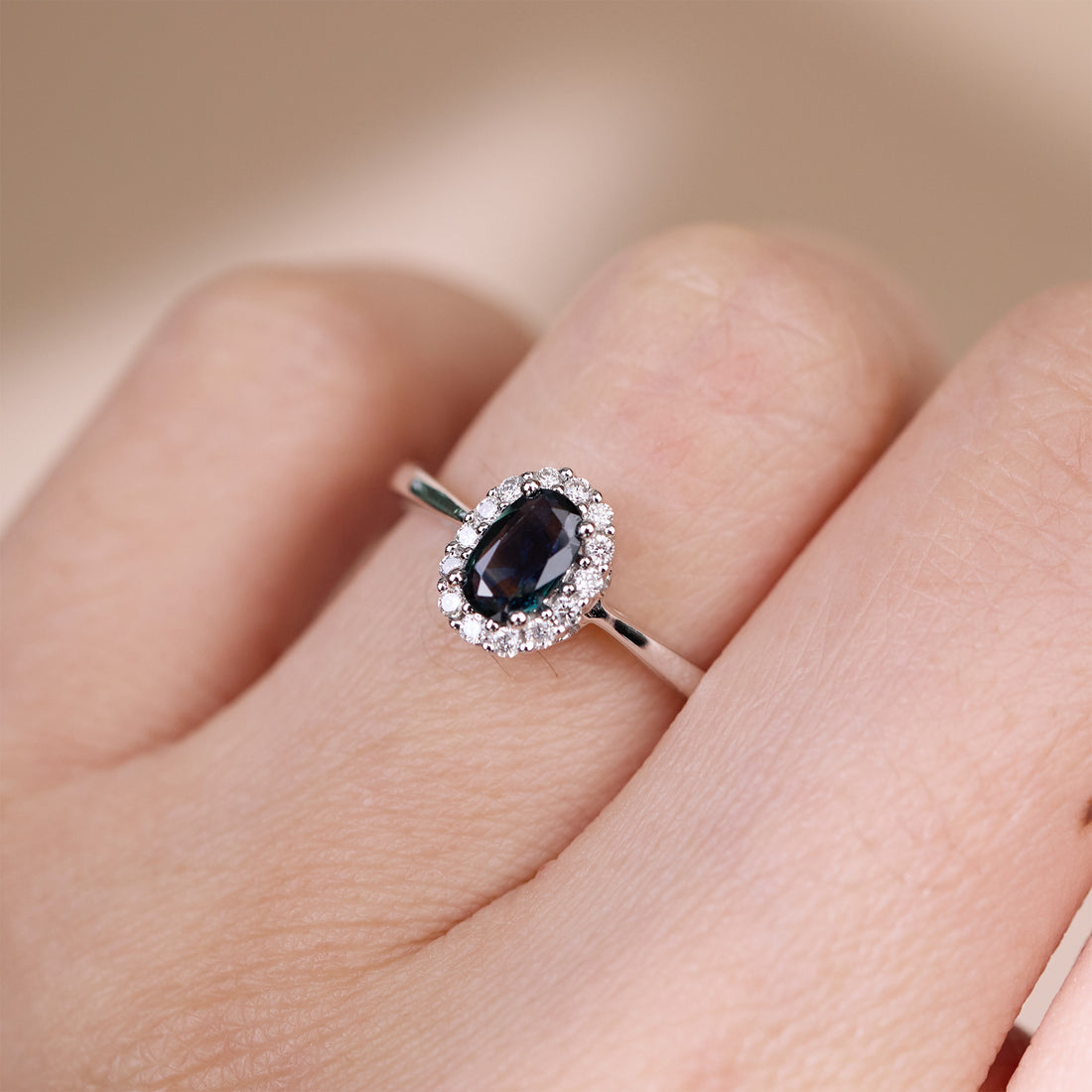 0.40ct. Natural Blue Sapphire Scalloped Diamond Halo Ring in 14K White Gold - JewelryAndStore