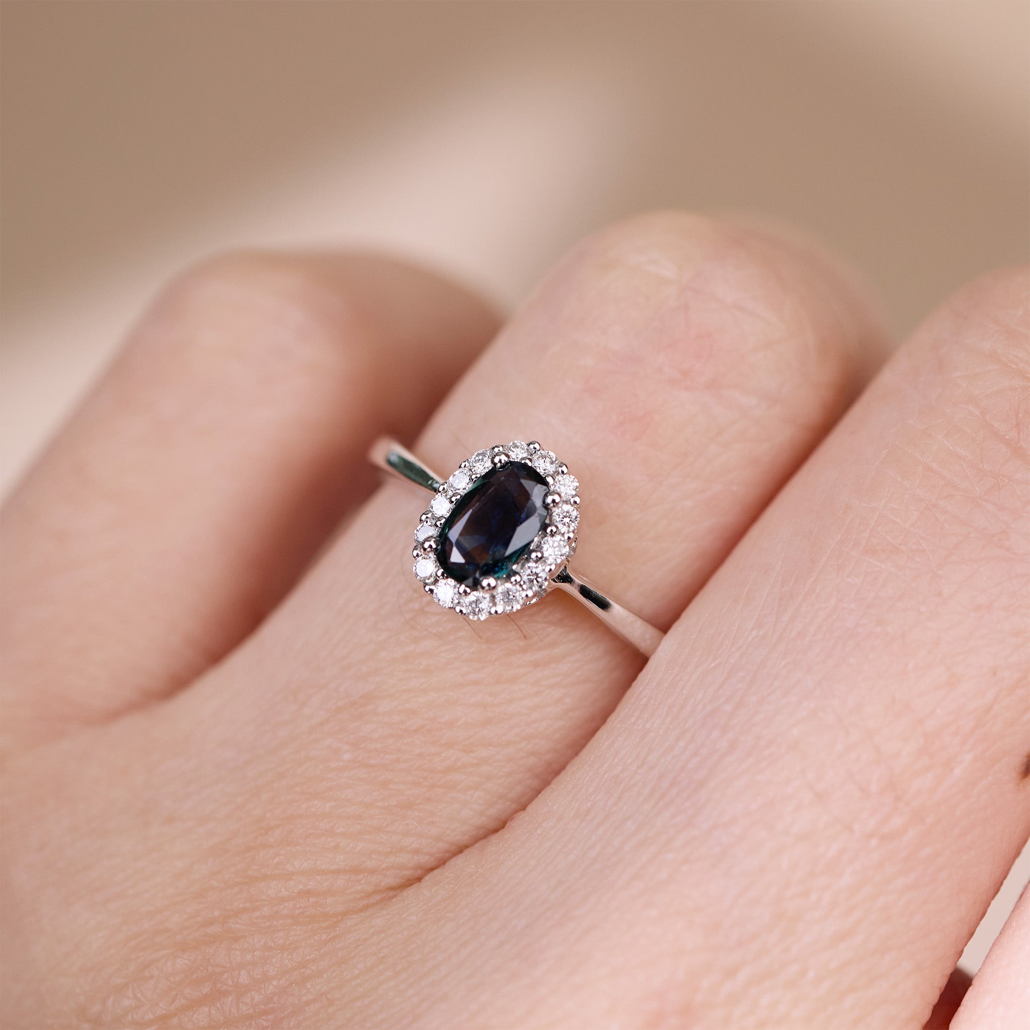 0.40ct. Natural Blue Sapphire Scalloped Diamond Halo Ring in 14K White Gold - JewelryAndStore