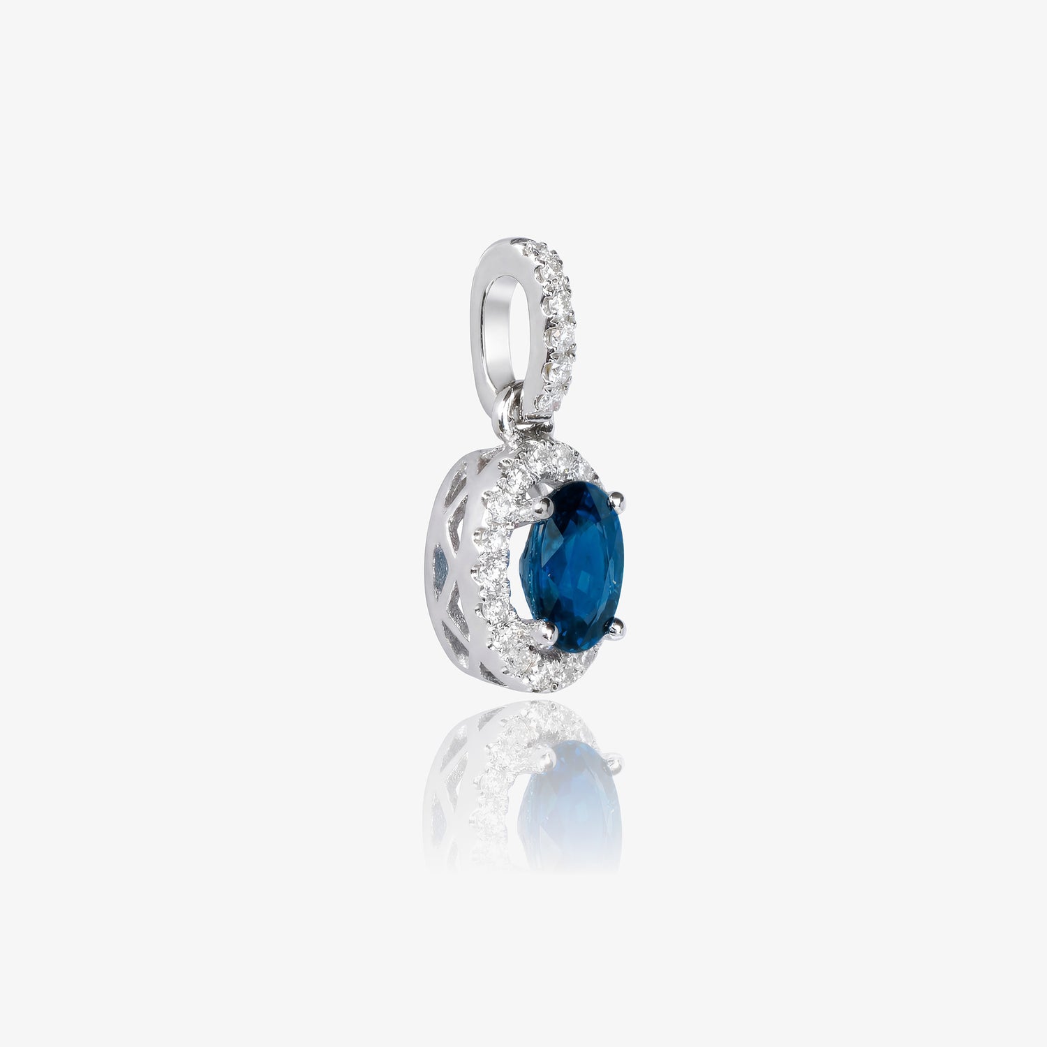 0.61ct Natural Blue Sapphire and Diamond Halo Pendant in 18K White Gold - JewelryAndStore