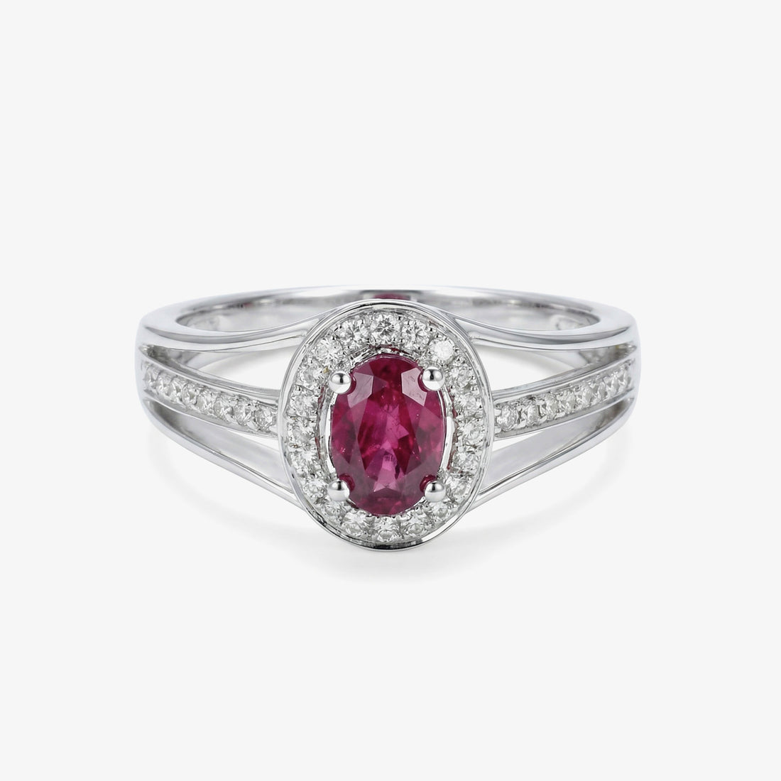 0.52ct Oval Ruby and Diamond Halo Ring in 14K White Gold - JewelryAndStore