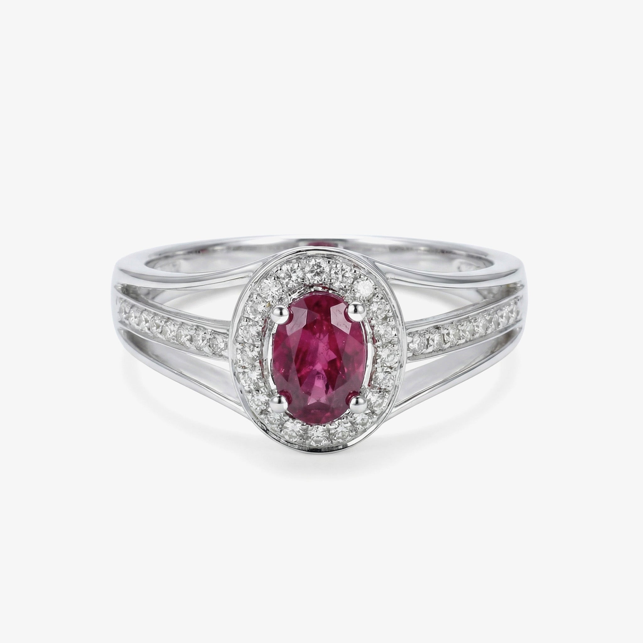 0.52ct Oval Ruby and Diamond Halo Ring in 14K White Gold - JewelryAndStore