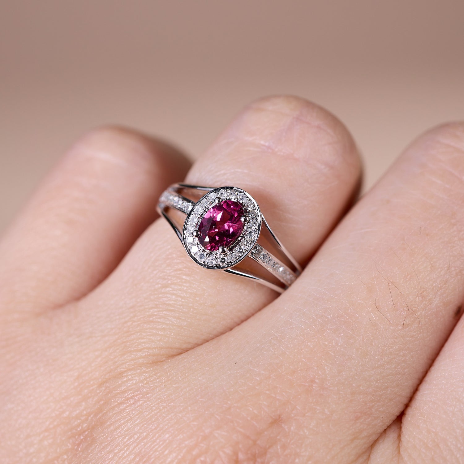 0.52ct Oval Ruby and Diamond Halo Ring in 14K White Gold - JewelryAndStore