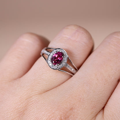 0.52ct Oval Ruby and Diamond Halo Ring in 14K White Gold - JewelryAndStore