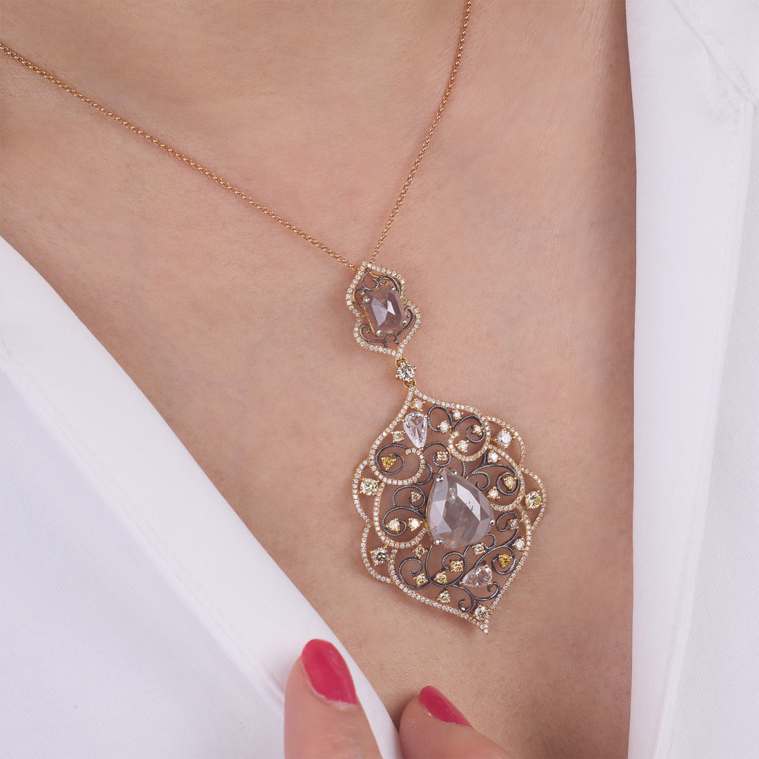 18K Rose Gold Art Deco Pendant with Natural Color Diamonds - Jewelry And Store