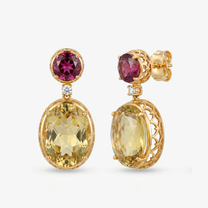 22.56ct Lemon Quartz, Garnet and Diamond Drop Earrings in 18K Yellow Gold - JewelryAndStore