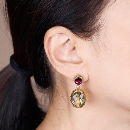 22.56ct Lemon Quartz, Garnet and Diamond Drop Earrings in 18K Yellow Gold - JewelryAndStore