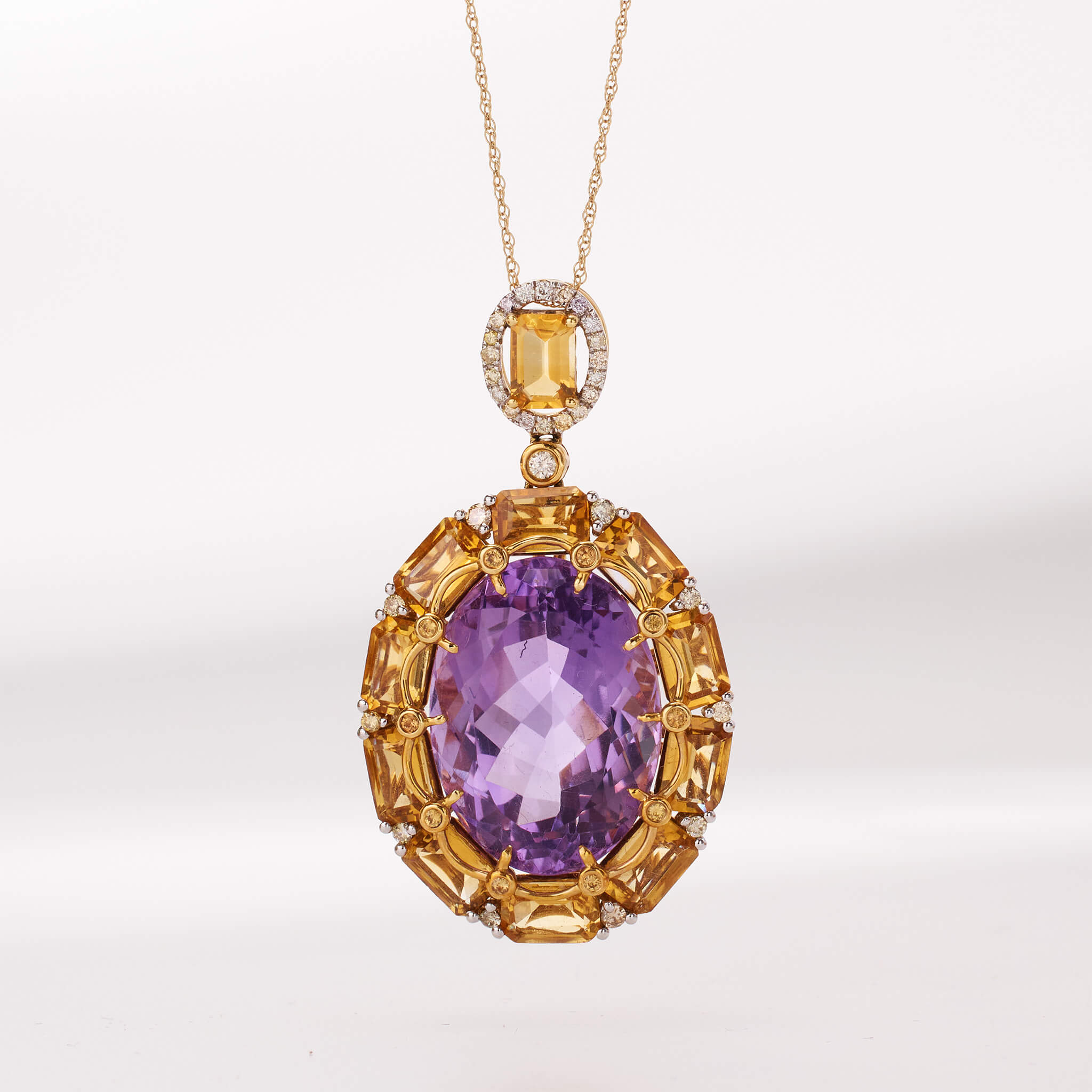 18K Gold Citrine, Color Diamond and Amethyst Pendant - Jewelry And Store