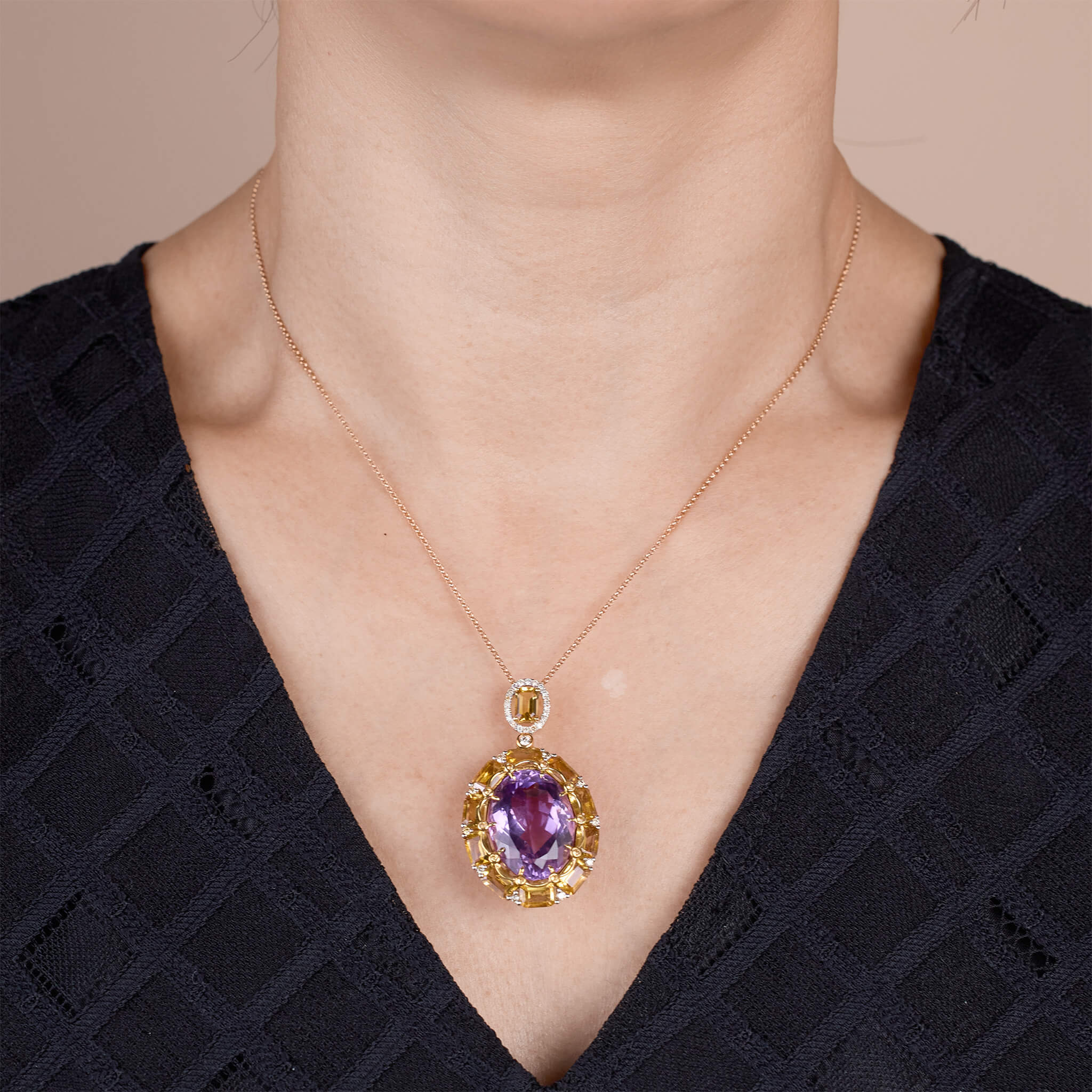 18K Gold Citrine, Color Diamond and Amethyst Pendant - Jewelry And Store