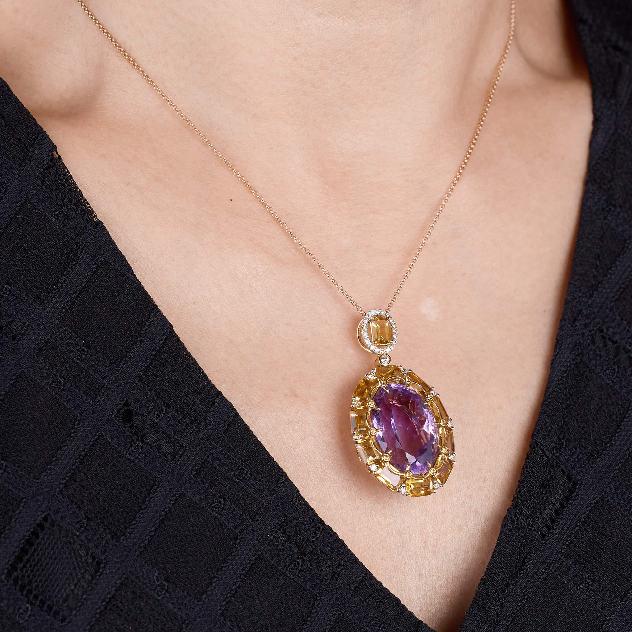 18K Gold Citrine, Color Diamond and Amethyst Pendant - Jewelry And Store