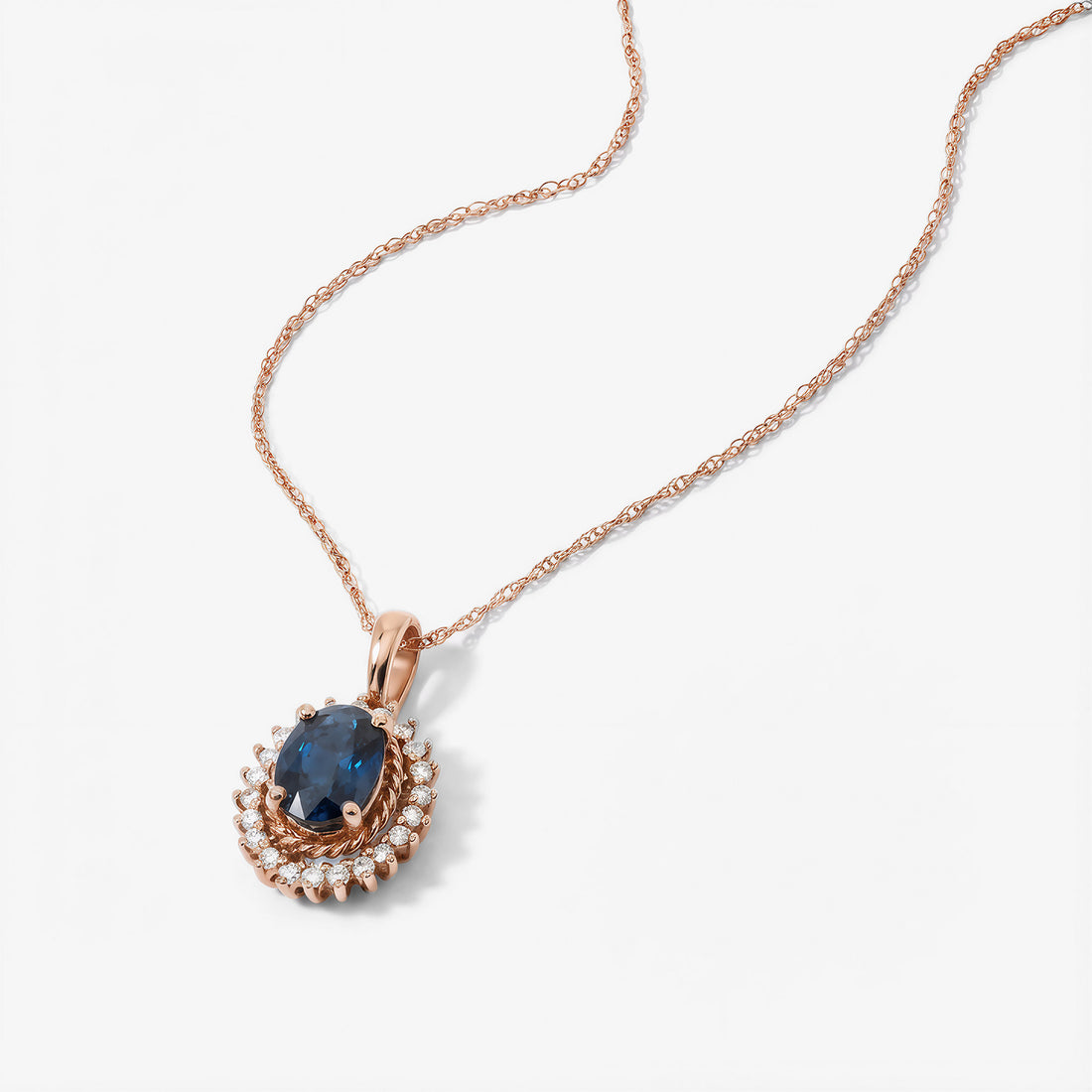 1.08ct Natural Blue Sapphire Vintage Halo Pendant in 18K Rose Gold - JewelryAndStore