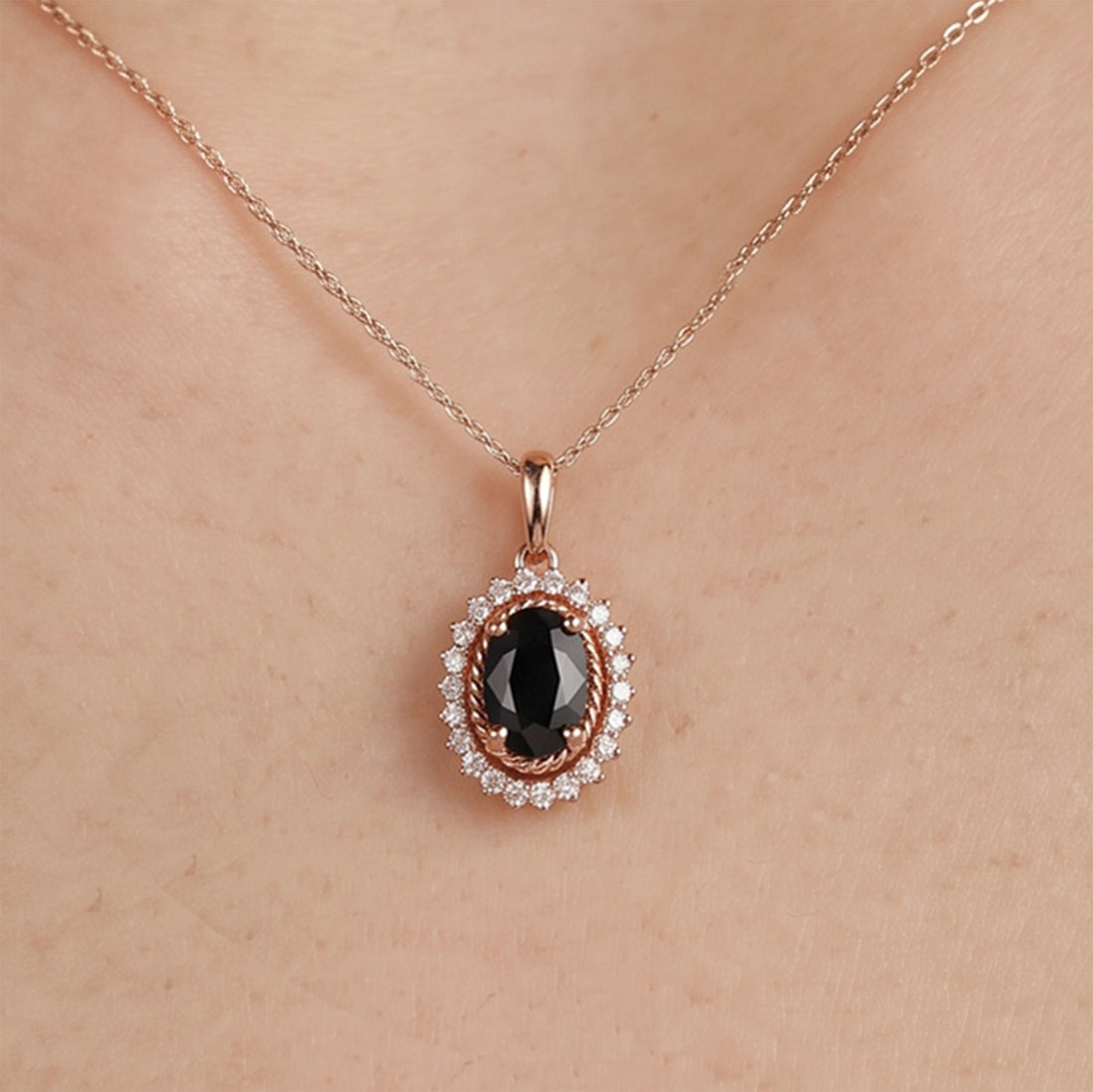 1.08ct Natural Blue Sapphire Vintage Halo Pendant in 18K Rose Gold - JewelryAndStore