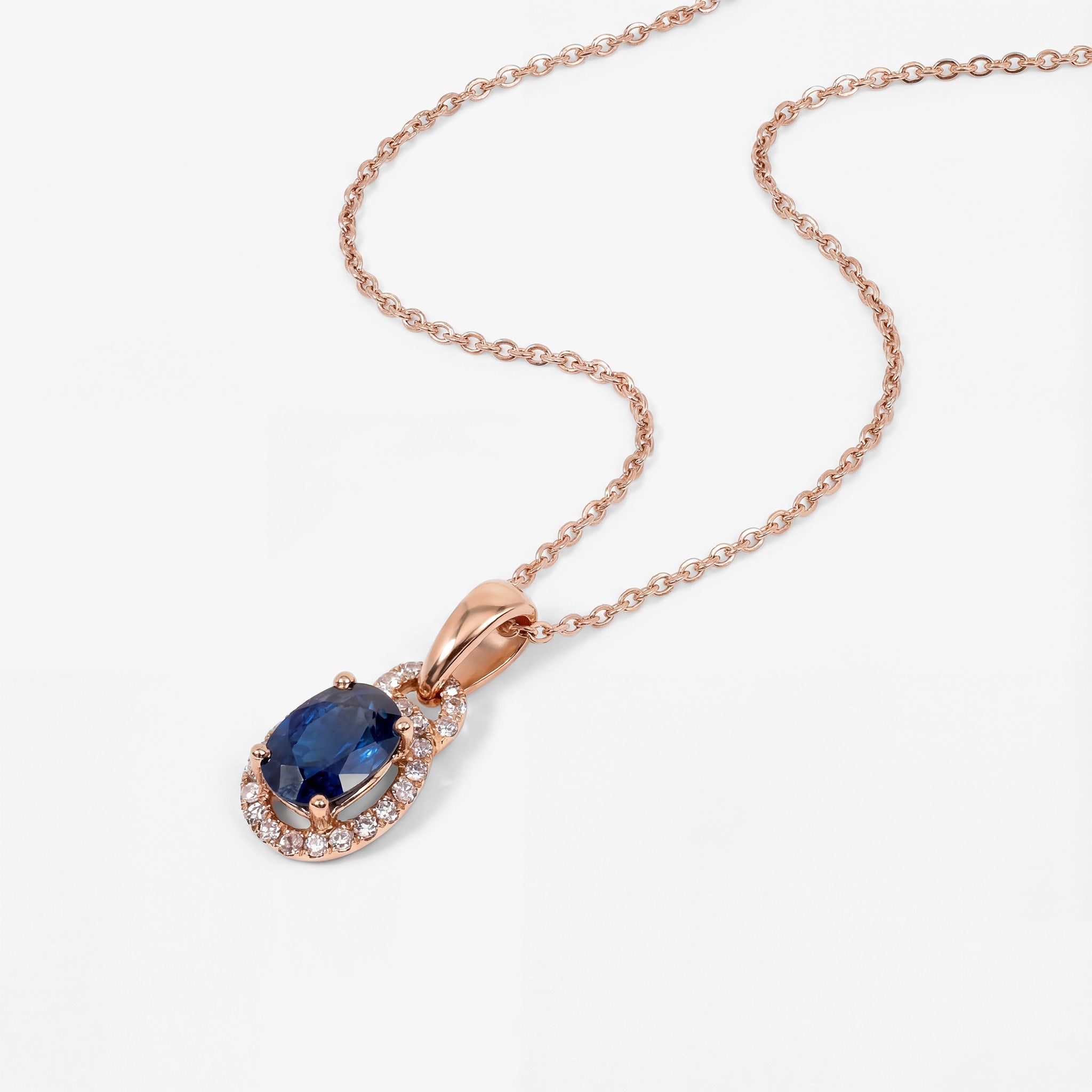 0.95ct Natural Blue Sapphire Oval Halo Pendant in 18K Rose Gold - JewelryAndStore