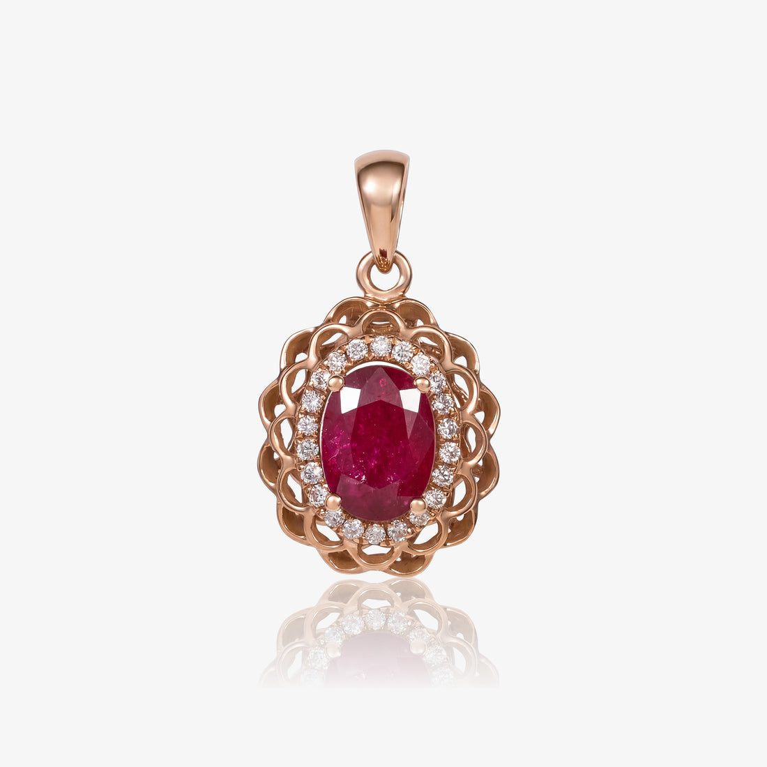 0.94ct Natural Ruby and Diamond Floral Halo Pendant in 18K Rose Gold - JewelryAndStore