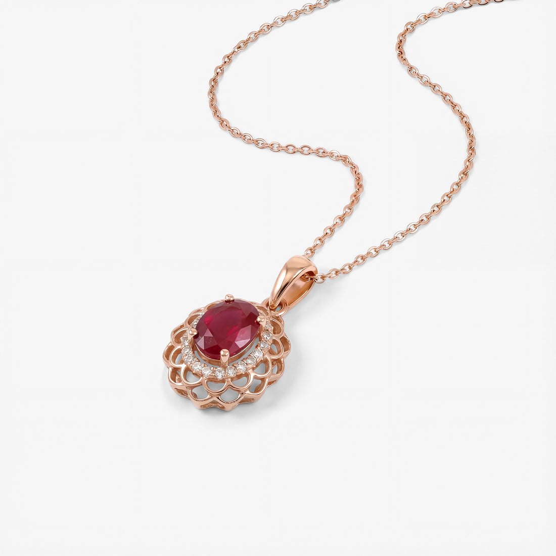 0.94ct Natural Ruby and Diamond Floral Halo Pendant in 18K Rose Gold - JewelryAndStore
