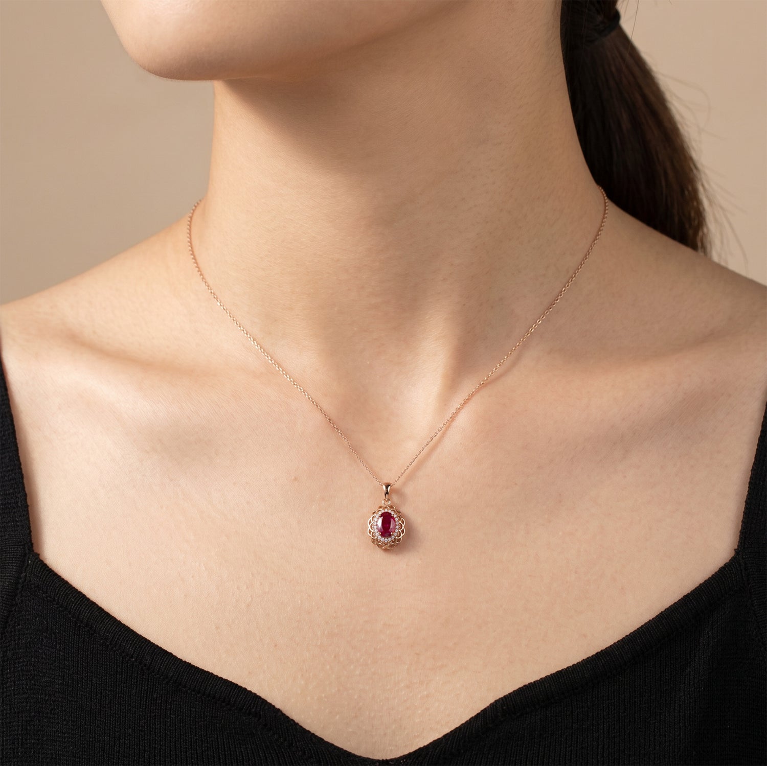 0.94ct Natural Ruby and Diamond Floral Halo Pendant in 18K Rose Gold - JewelryAndStore