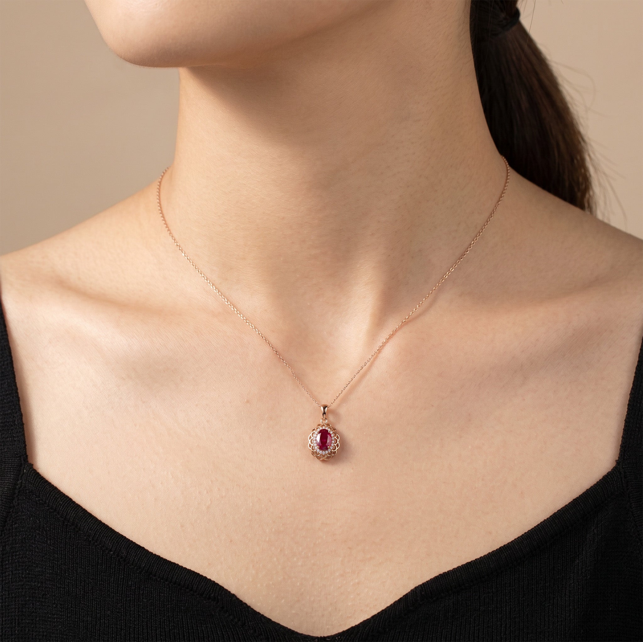 0.94ct Natural Ruby and Diamond Floral Halo Pendant in 18K Rose Gold - JewelryAndStore