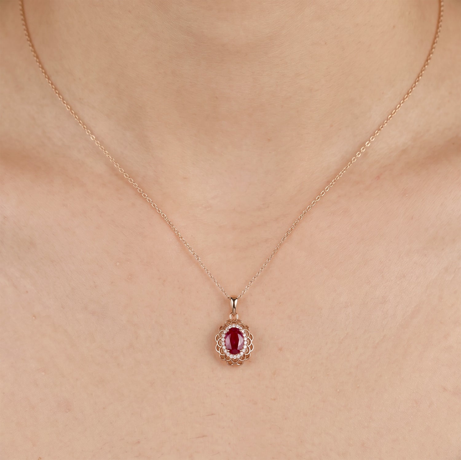 0.94ct Natural Ruby and Diamond Floral Halo Pendant in 18K Rose Gold - JewelryAndStore