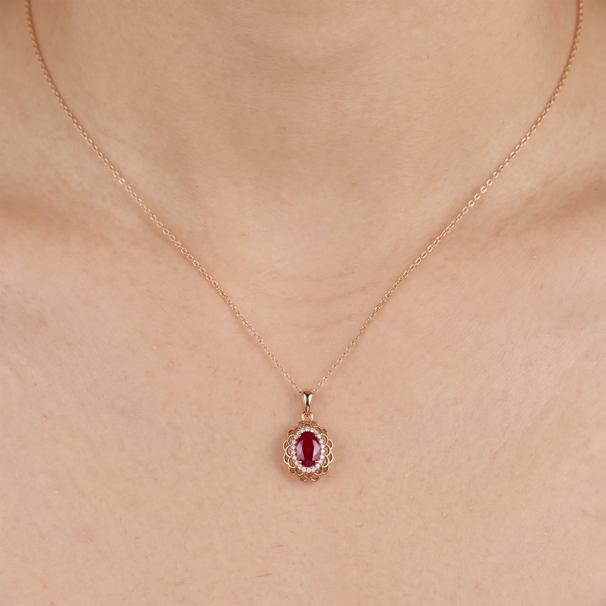 0.94ct Natural Ruby and Diamond Floral Halo Pendant in 18K Rose Gold - JewelryAndStore