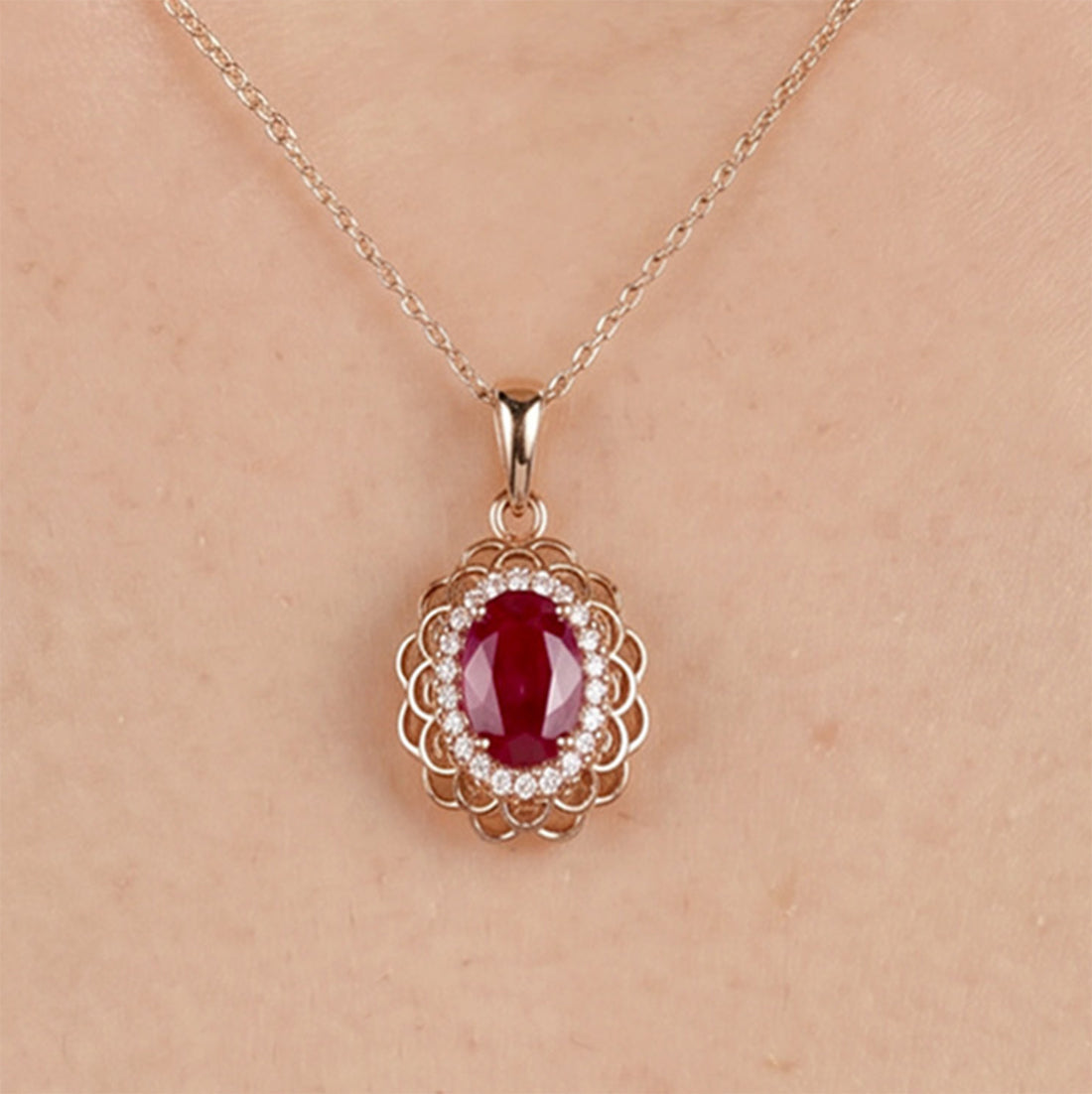 0.94ct Natural Ruby and Diamond Floral Halo Pendant in 18K Rose Gold - JewelryAndStore