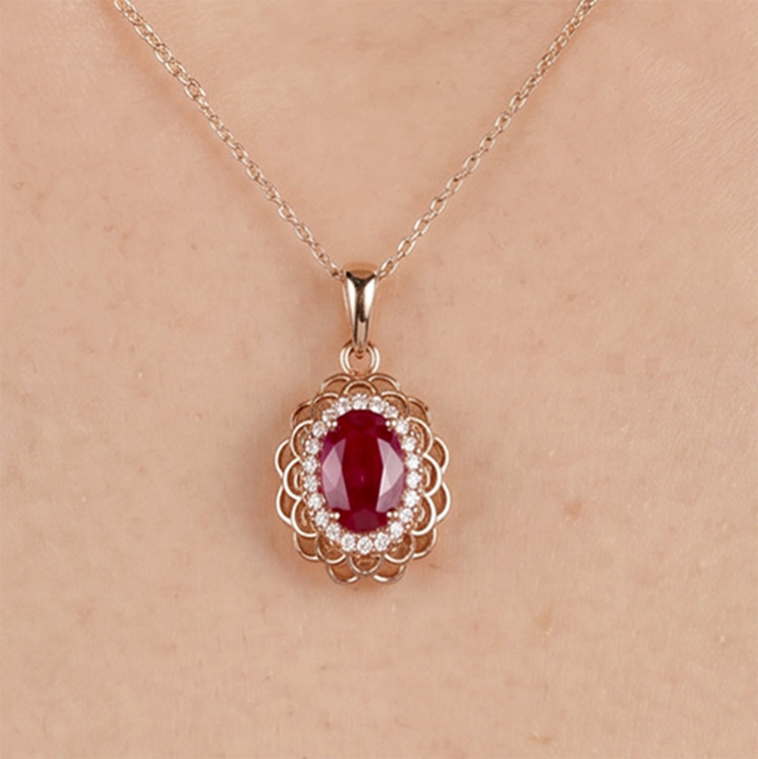 0.94ct Natural Ruby and Diamond Floral Halo Pendant in 18K Rose Gold - JewelryAndStore