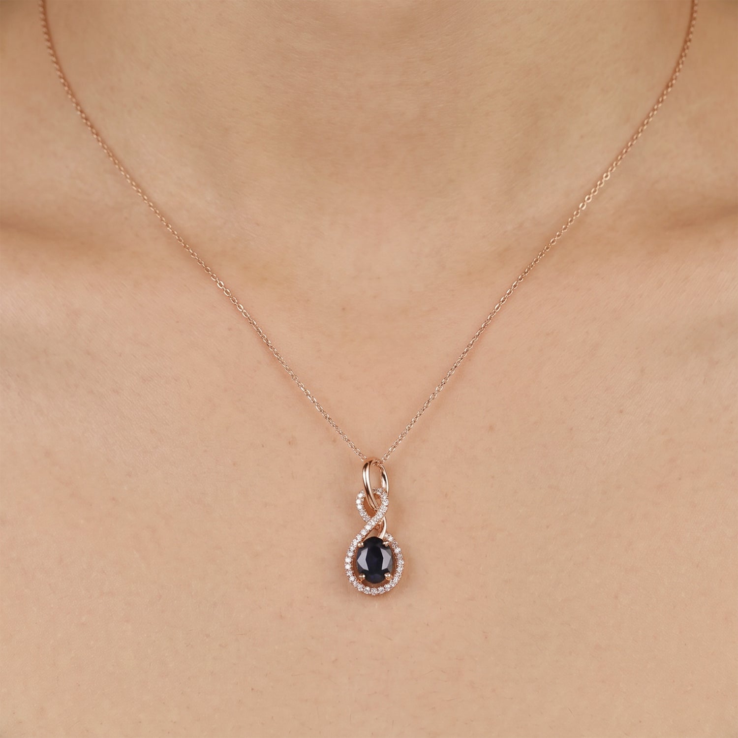 1.01ct Natural Blue Sapphire and Diamond Infinity Pendant in 18K Rose Gold - JewelryAndStore