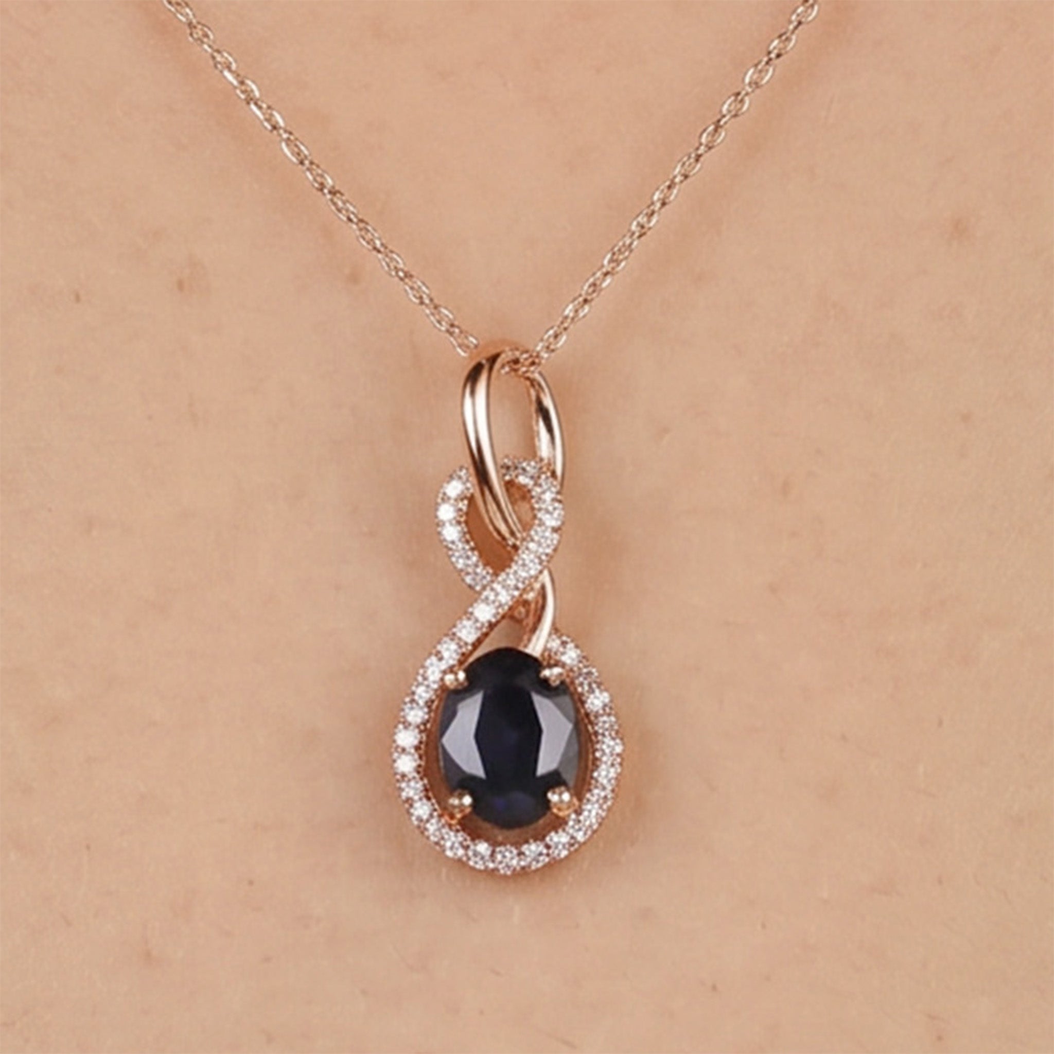 1.01ct Natural Blue Sapphire and Diamond Infinity Pendant in 18K Rose Gold - JewelryAndStore