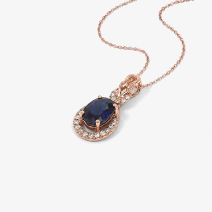 1.28ct Natural Blue Sapphire and Diamond Teardrop Pendant in 18K Rose Gold - JewelryAndStore