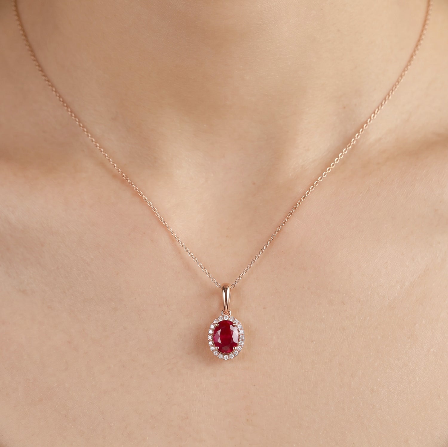 1.12ct Natural Ruby and Diamond Halo Pendant in 18K Rose Gold - JewelryAndStore