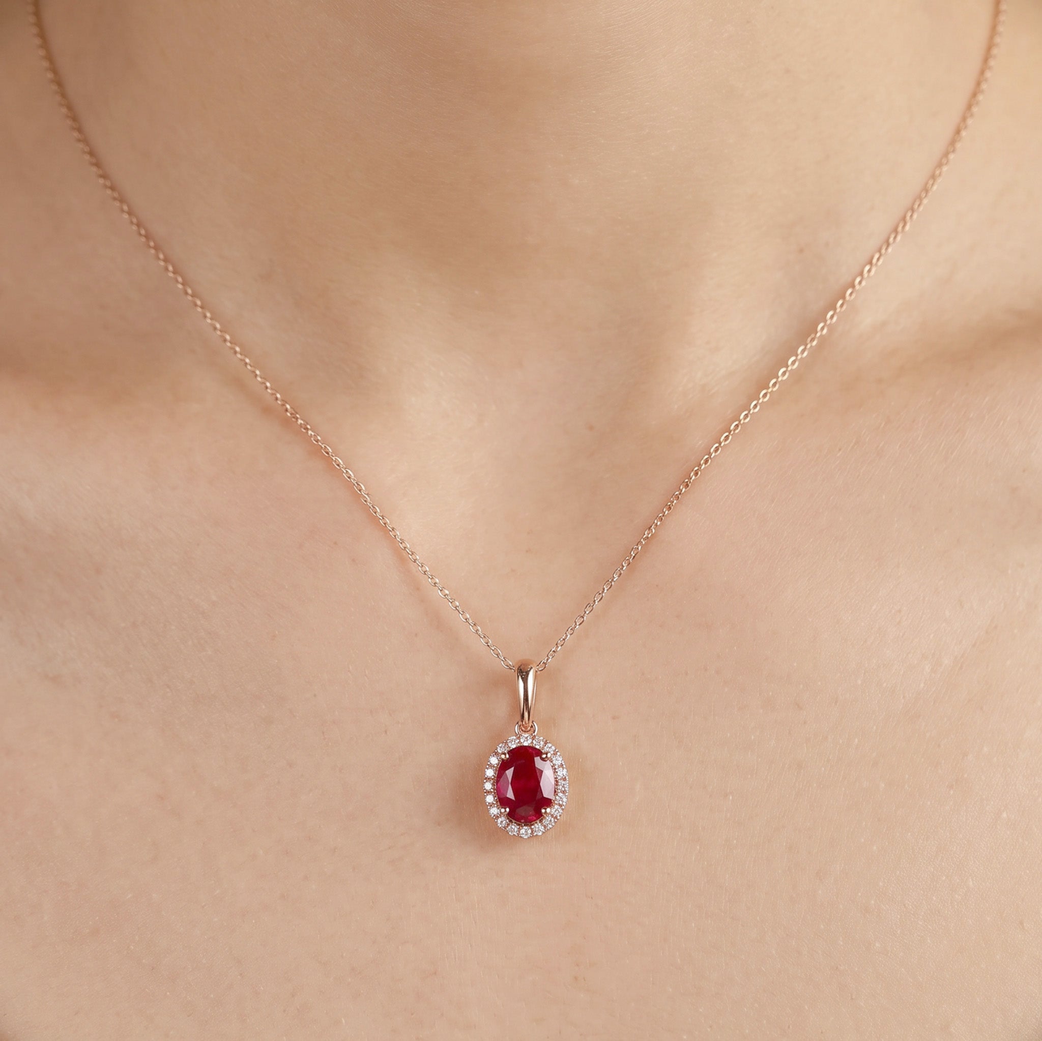 1.12ct Natural Ruby and Diamond Halo Pendant in 18K Rose Gold - JewelryAndStore