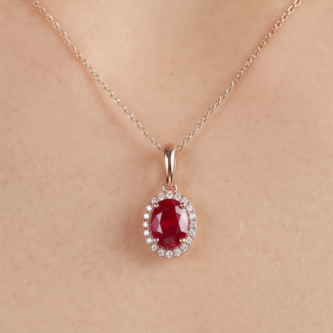 1.12ct Natural Ruby and Diamond Halo Pendant in 18K Rose Gold - JewelryAndStore