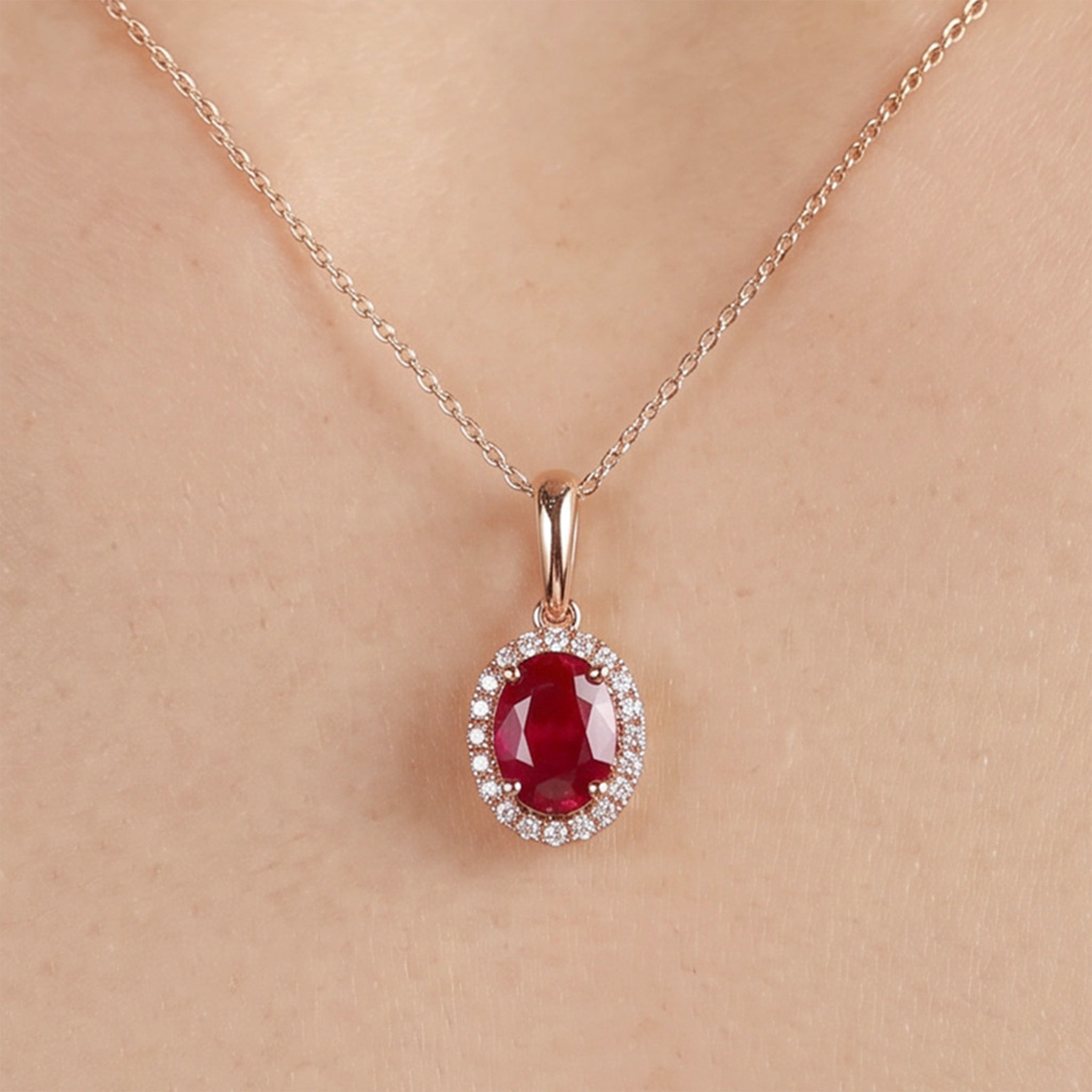 1.12ct Natural Ruby and Diamond Halo Pendant in 18K Rose Gold - JewelryAndStore