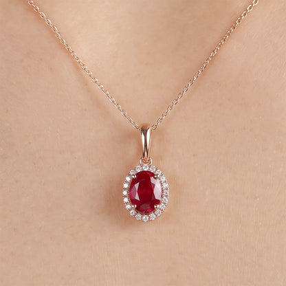 1.12ct Natural Ruby and Diamond Halo Pendant in 18K Rose Gold - JewelryAndStore