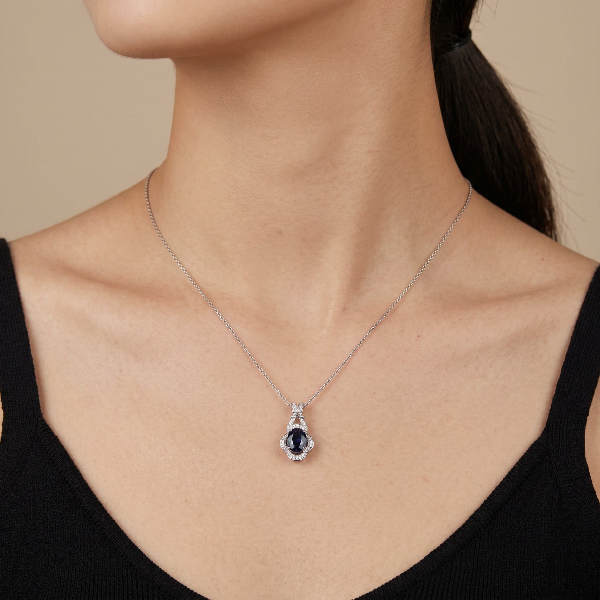 1.01ct Natural Blue Sapphire Diamond Pendant 18K White Gold - JewelryAndStore
