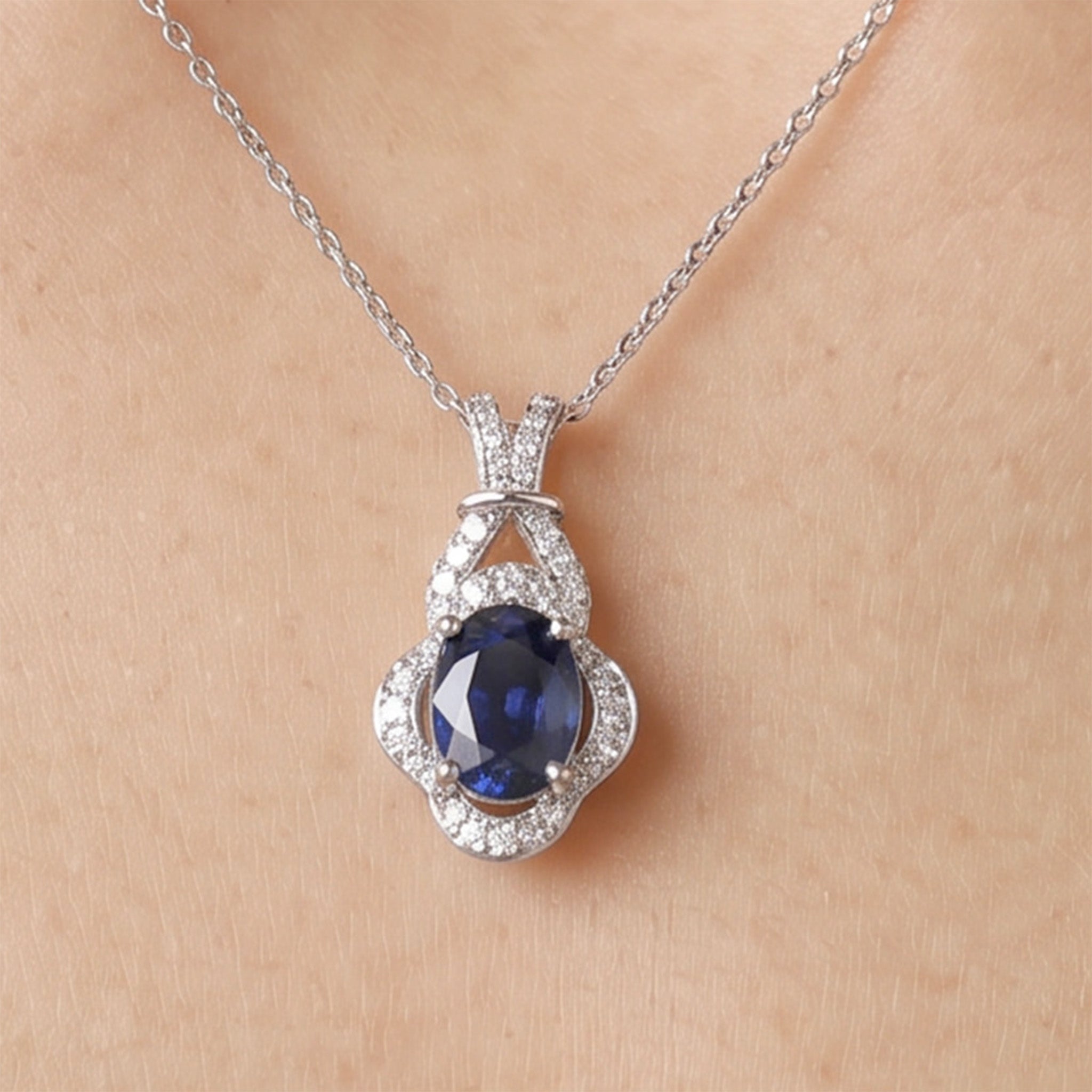 1.01ct Natural Blue Sapphire Diamond Pendant 18K White Gold - JewelryAndStore
