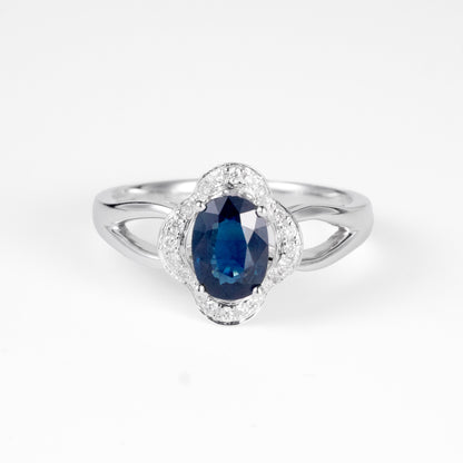 Title 0.98ct Natural Blue Sapphire and Diamond Floral Ring in 18K White Gold - JewelryAndStore
