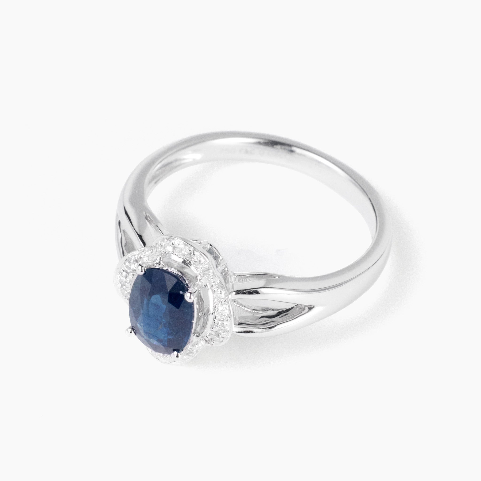 Title 0.98ct Natural Blue Sapphire and Diamond Floral Ring in 18K White Gold - JewelryAndStore