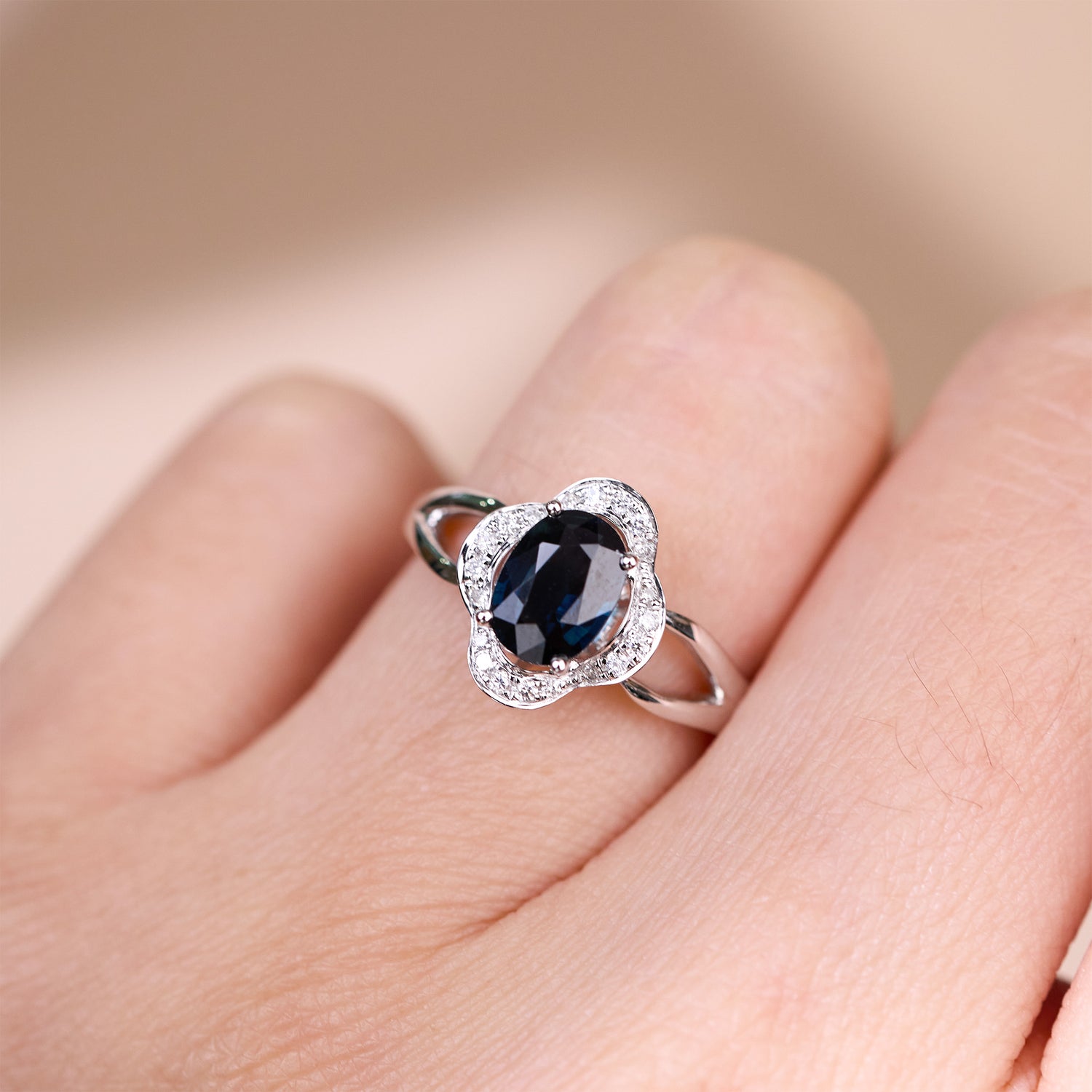 Title 0.98ct Natural Blue Sapphire and Diamond Floral Ring in 18K White Gold - JewelryAndStore