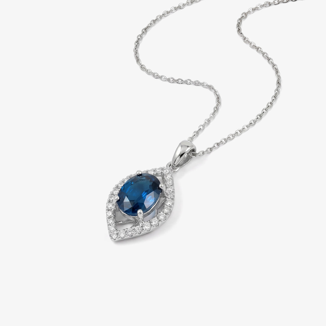 1.27ct Natural Blue Sapphire and Diamond Marquise - Style Pendant in 18K White Gold - JewelryAndStore