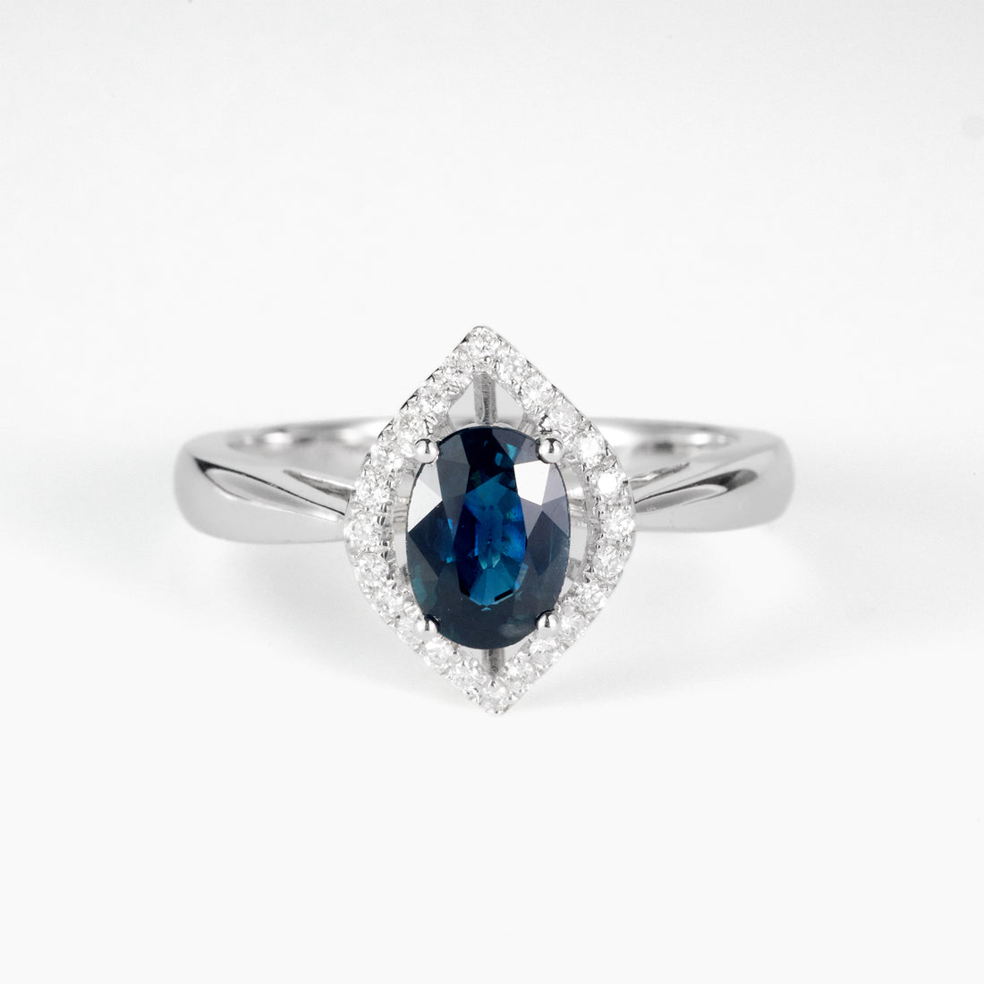 1.01ct Natural Blue Sapphire Diamond Kite Halo Ring in 18K White Gold - JewelryAndStore