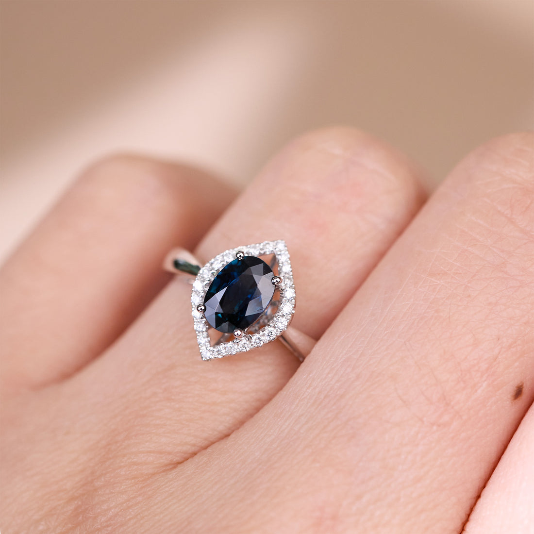 1.01ct Natural Blue Sapphire Diamond Kite Halo Ring in 18K White Gold - JewelryAndStore